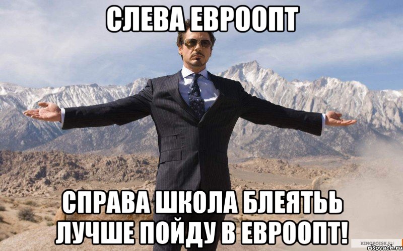 Слева Евроопт Справа школа блеятьь лучше пойду в Евроопт!, Мем железный человек