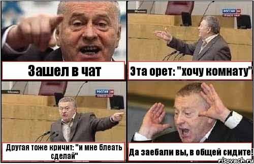 Зашел в чат Эта орет: "хочу комнату" Другая тоже кричит: "и мне блеать сделай" Да заебали вы, в общей сидите!, Комикс жиреновский