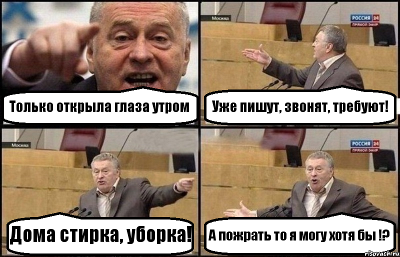 Только открыла глаза утром Уже пишут, звонят, требуют! Дома стирка, уборка! А пожрать то я могу хотя бы !?, Комикс Жириновский