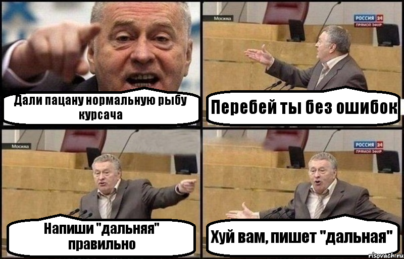 Дали пацану нормальную рыбу курсача Перебей ты без ошибок Напиши "дальняя" правильно Хуй вам, пишет "дальная", Комикс Жириновский