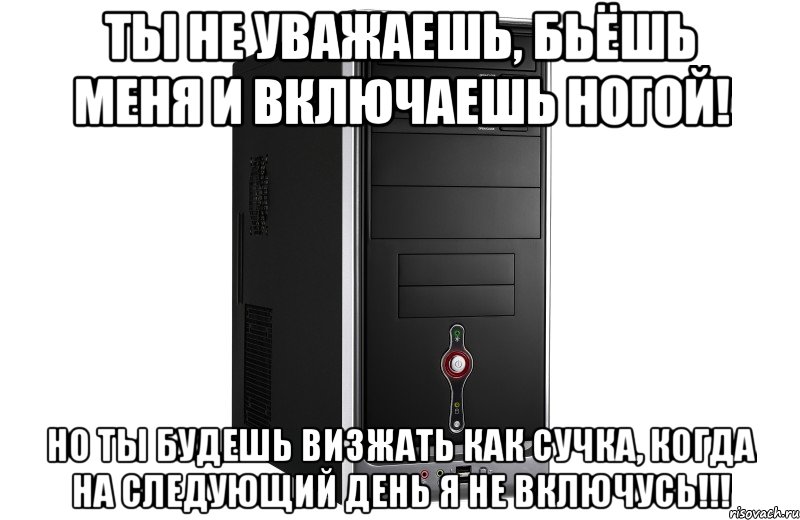 Ты не уважаешь, бьёшь меня и включаешь ногой! Но ты будешь визжать как сучка, когда на следующий день я не включусь!!!, Мем 2