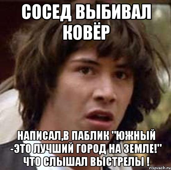 СОСЕД ВЫБИВАЛ КОВЁР Написал,в паблик "Южный -это лучший город на Земле!" что слышал выстрелы !, Мем А что если (Киану Ривз)