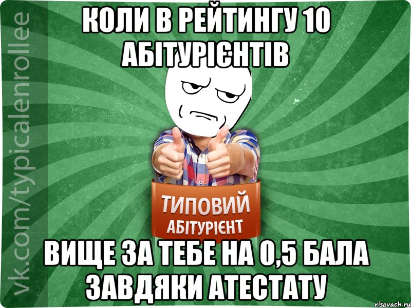 Коли в рейтингу 10 абітурієнтів вище за тебе на 0,5 бала завдяки атестату, Мем абтура1