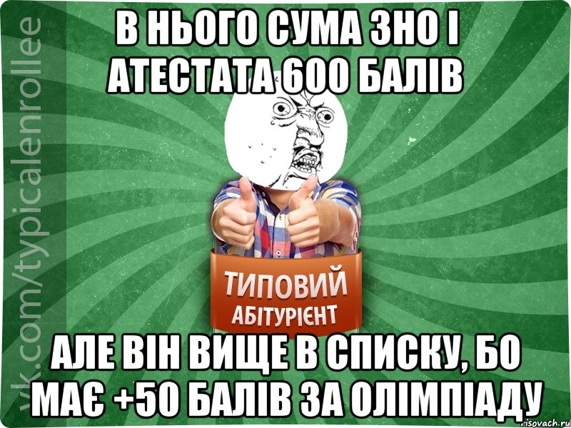 В нього сума ЗНО і атестата 600 балів Але він вище в списку, бо має +50 балів за олімпіаду