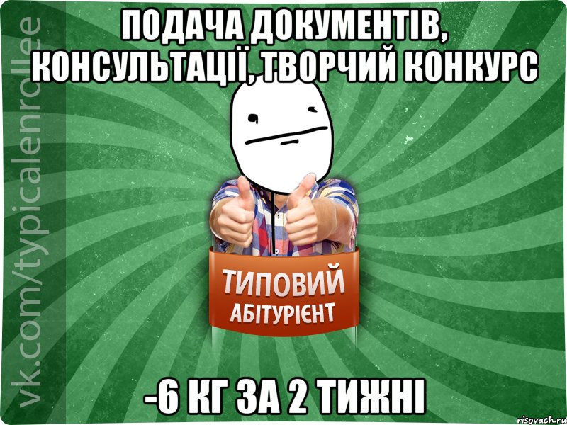 подача документів, консультації, творчий конкурс -6 кг за 2 тижні