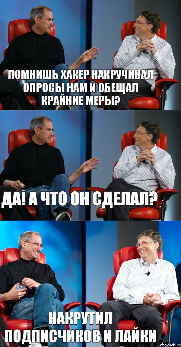 помнишь хакер накручивал опросы нам и обещал крайние меры? да! а что он сделал? накрутил подписчиков и лайки, Комикс Стив Джобс и Билл Гейтс (3 зоны)