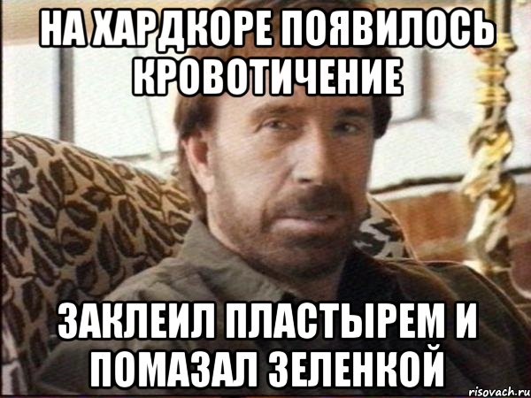 на хардкоре появилось кровотичение заклеил пластырем и помазал зеленкой, Мем чак норрис