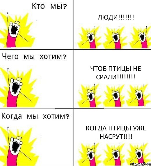 ЛЮДИ!!!!!!! ЧТОБ ПТИЦЫ НЕ СРАЛИ!!!!!!!! КОГДА ПТИЦЫ УЖЕ НАСРУТ!!!!, Комикс Что мы хотим