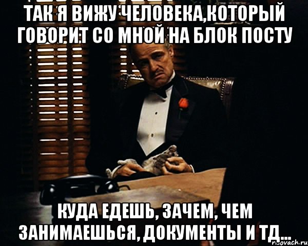 так я вижу человека,который говорит со мной на блок посту Куда едешь, зачем, чем занимаешься, документы и тд..., Мем Дон Вито Корлеоне