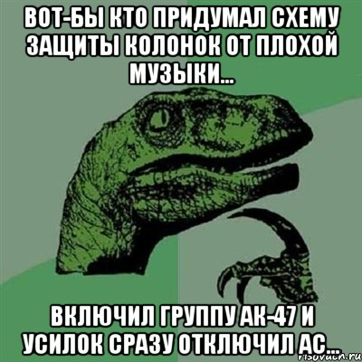 Вот-бы кто придумал схему защиты колонок от плохой музыки... Включил группу АК-47 и усилок сразу отключил АС..., Мем Филосораптор