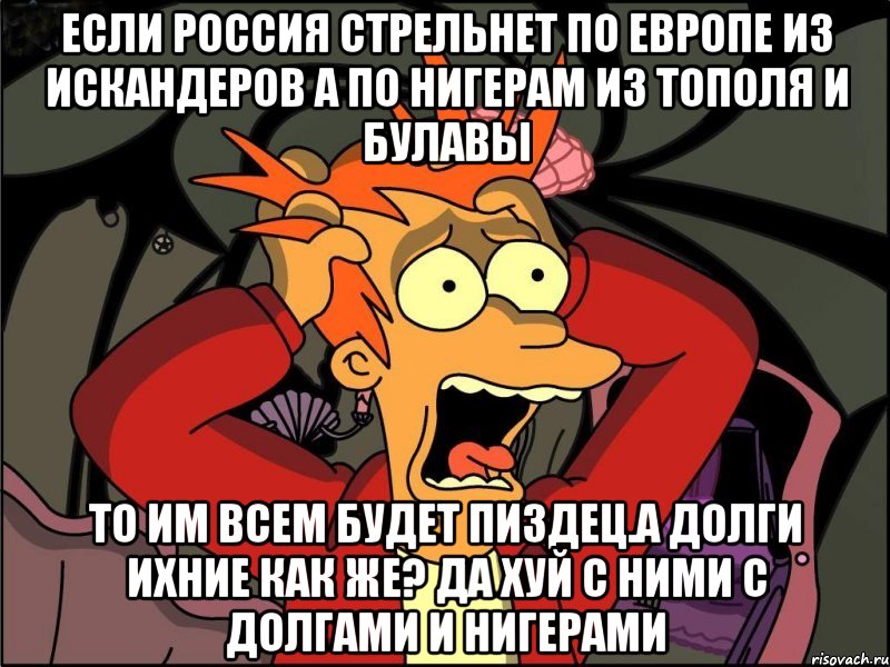 Если россия стрельнет по европе из искандеров а по нигерам из тополя и булавы То им всем будет пиздец.а долги ихние как же? Да хуй с ними с долгами и нигерами, Мем Фрай в панике