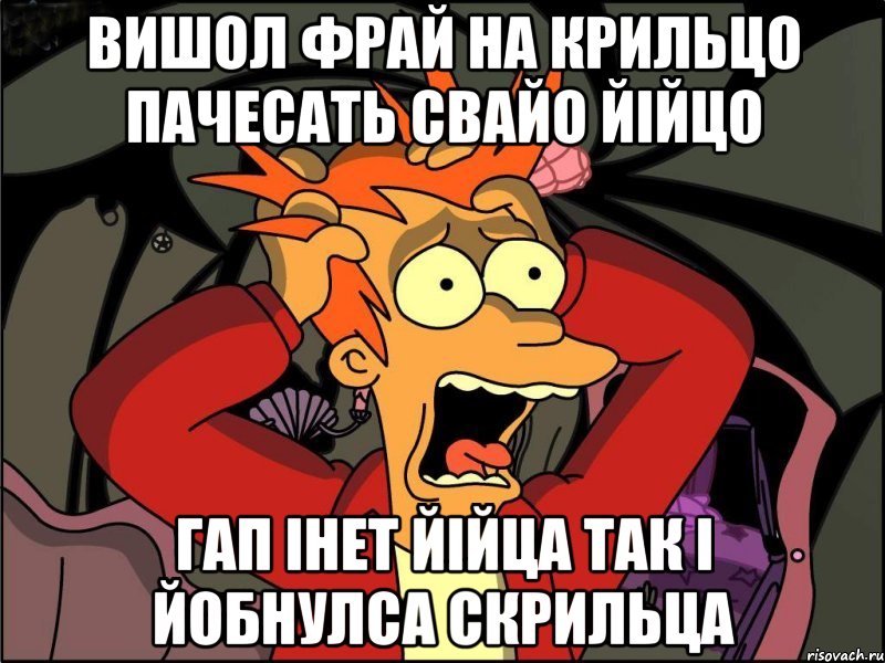 вишол фрай на крильцо пачесать свайо ЙІЙЦО гап інет йійца так і йобнулса скрильца, Мем Фрай в панике