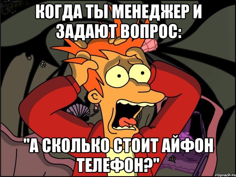 Когда ты менеджер и задают вопрос: "А сколько стоит айфон телефон?", Мем Фрай в панике