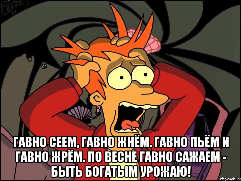  Гавно сеем, гавно жнём. Гавно пьём и гавно жрём. По весне гавно сажаем - Быть богатым урожаю!, Мем Фрай в панике