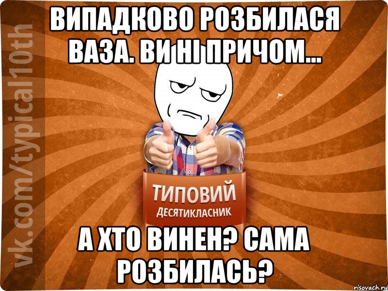 Випадково розбилася ваза. Ви ні причом... А хто винен? Сама розбилась?, Мем десятиклассник6