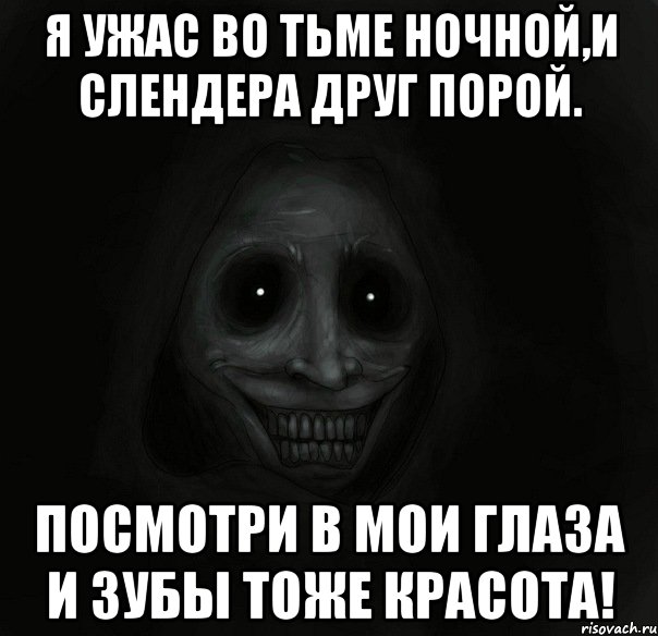 Я ужас во тьме ночной,и слендера друг порой. посмотри в мои глаза и зубы тоже красота!, Мем Ночной гость