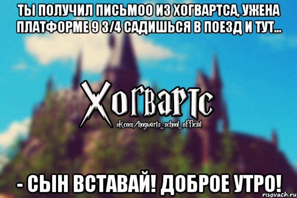 Ты получил письмоо из Хогвартса, ужена платформе 9 3/4 садишься в поезд и тут... - Сын вставай! Доброе утро!, Мем Хогвартс