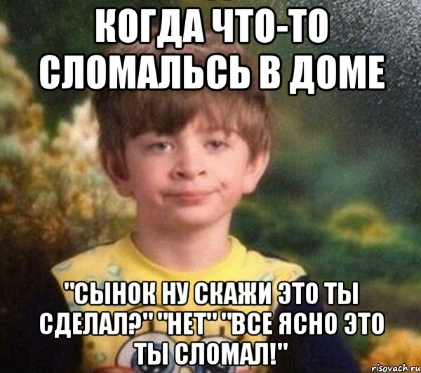 КОГДА ЧТО-ТО СЛОМАЛЬСЬ В ДОМЕ "СЫНОК НУ СКАЖИ ЭТО ТЫ СДЕЛАЛ?" "нет" "все ясно это ты сломал!", Мем Мальчик в пижаме