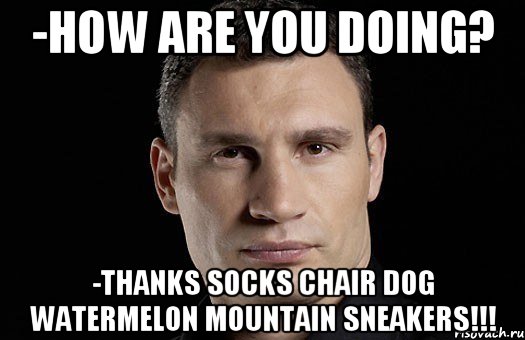 -How are you doing? -thanks socks chair dog watermelon mountain sneakers!!!, Мем Кличко