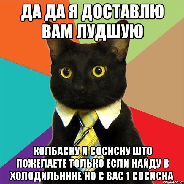 Да да я доставлю вам лудшую Колбаску и сосиску што пожелаете только если найду в холодильнике но с вас 1 сосиска, Мем  Кошечка