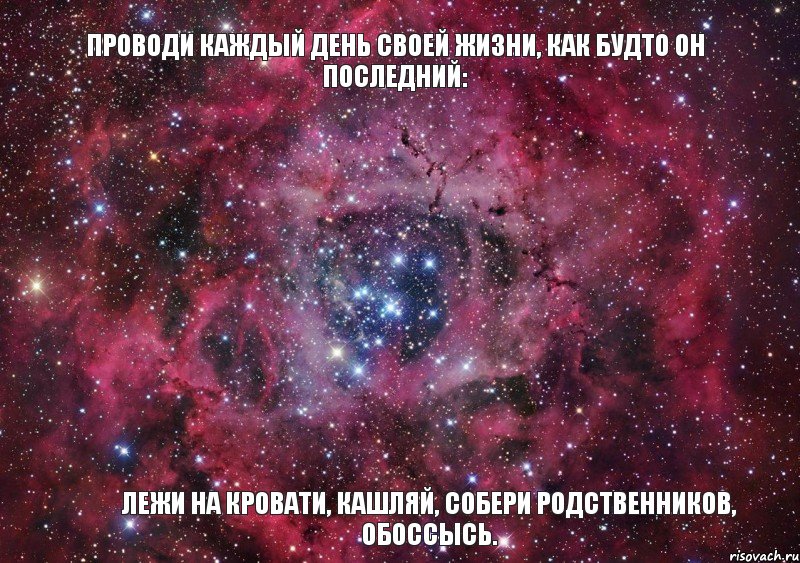 Проводи каждый день своей жизни, как будто он последний: лежи на кровати, кашляй, собери родственников, обоссысь.