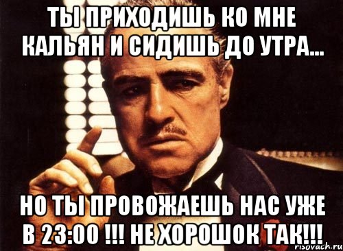 ты приходишь ко мне кальян и сидишь до утра... но ты провожаешь нас уже в 23:00 !!! не хорошок так!!!, Мем крестный отец