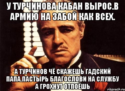 У турчинова кабан вырос.в армию на забой как всех. А турчинов чё скажешь гадский папа.пастырь благослови на службу а грохнут отпоёшь, Мем крестный отец