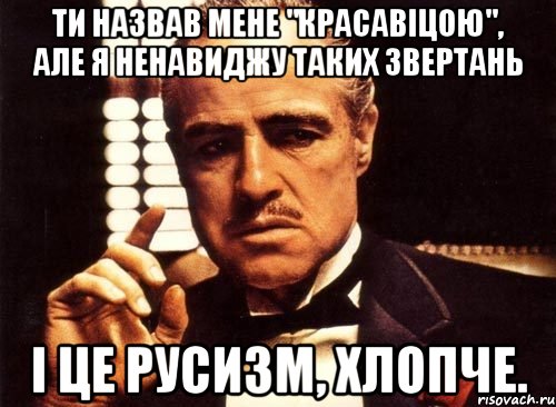 Ти назвав мене "красавіцою", але я ненавиджу таких звертань і це русизм, хлопче., Мем крестный отец