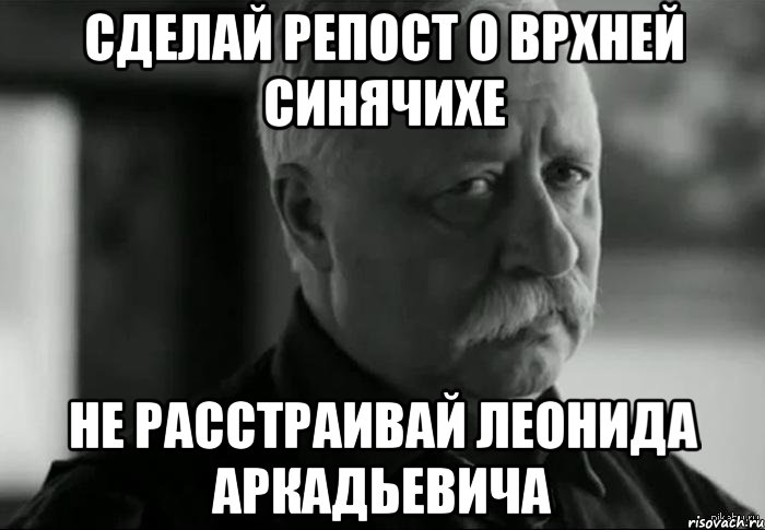 Сделай репост о Врхней Синячихе Не расстраивай Леонида Аркадьевича, Мем Не расстраивай Леонида Аркадьевича
