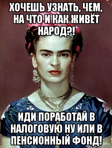 Хочешь узнать, чем, на что и как живёт народ?! Иди поработай в налоговую ну или в пенсионный фонд!