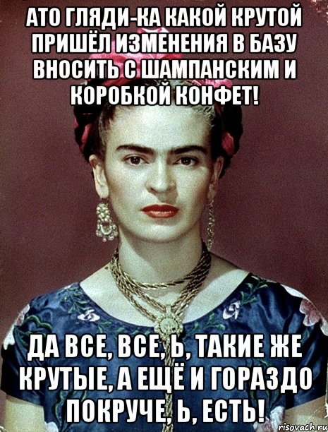 АТО гляди-ка какой крутой пришёл изменения в базу вносить с шампанским и коробкой конфет! Да все, все, Ь, такие же крутые, а ещё и гораздо покруче, Ь, есть!