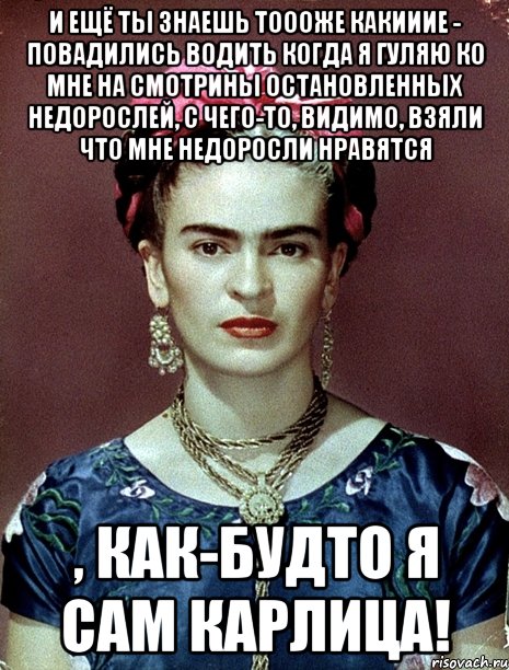 И ещё ты знаешь тоооже какииие - повадились водить когда я гуляю ко мне на смотрины остановленных недорослей, с чего-то, видимо, взяли что мне недоросли нравятся , как-будто я сам карлица!