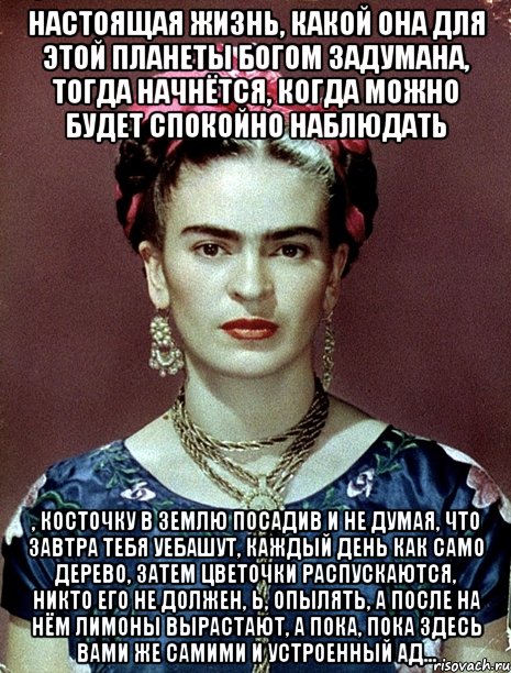 Настоящая жизнь, какой она для этой планеты Богом задумана, тогда начнётся, когда можно будет спокойно наблюдать , косточку в землю посадив и не думая, что завтра тебя уебашут, каждый день как само дерево, затем цветочки распускаются, никто его не должен, Ь, опылять, а после на нём лимоны вырастают, а пока, пока здесь вами же самими и устроенный ад...