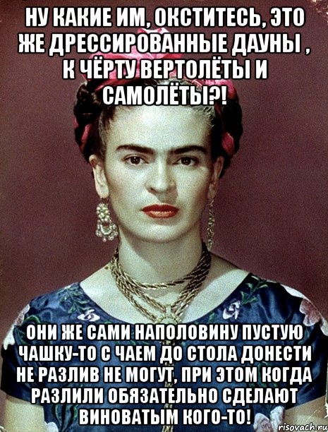 Ну какие им, окститесь, это же дрессированные дауны , к чёрту вертолёты и самолёты?! Они же сами наполовину пустую чашку-то с чаем до стола донести не разлив не могут, при этом когда разлили обязательно сделают виноватым кого-то!