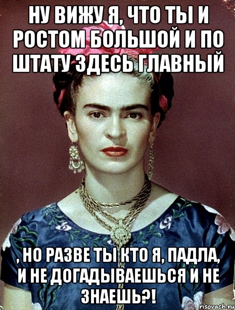 Ну вижу я, что ты и ростом большой и по штату здесь главный , но разве ты кто я, падла, и не догадываешься и не знаешь?!