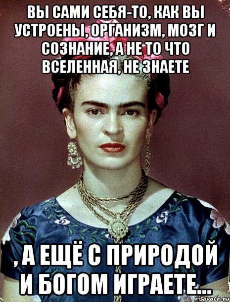 Вы сами себя-то, как вы устроены, организм, мозг и сознание, а не то что вселенная, не знаете , а ещё с природой и Богом играете..., Мем Magdalena Carmen Frieda Kahlo Ca