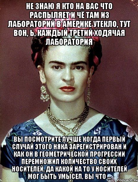 Не знаю я кто на вас что распыляет и чё там из лабораторий в америке утекло, тут вон, Ь, каждый третий ходячая лаборатория вы посмотрите лучше когда первый случай этого няка зарегистрирован и как он в геометрической прогрессии перемножил количество своих носителей, да какой на то у носителей мог быть умысел, вы что ..., Мем Magdalena Carmen Frieda Kahlo Ca