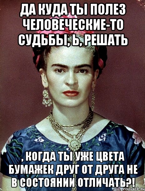 Да куда ты полез человеческие-то судьбы, Ь, решать , когда ты уже цвета бумажек друг от друга не в состоянии отличать?!, Мем Magdalena Carmen Frieda Kahlo Ca