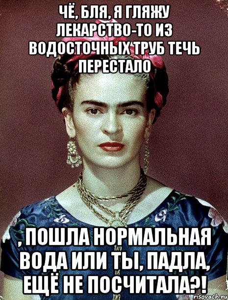 Чё, бля, я гляжу лекарство-то из водосточных труб течь перестало , пошла нормальная вода или ты, падла, ещё не посчитала?!, Мем Magdalena Carmen Frieda Kahlo Ca