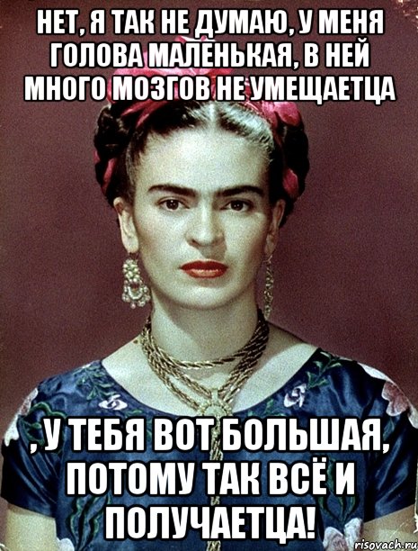 Нет, я так не думаю, у меня голова маленькая, в ней много мозгов не умещаетца , у тебя вот большая, потому так всё и получаетца!, Мем Magdalena Carmen Frieda Kahlo Ca
