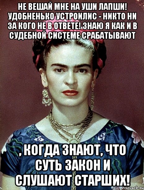 Не вешай мне на уши лапши! Удобненько устроилис - никто ни за кого не в ответе! Знаю я как и в судебной системе срабатывают , когда знают, что суть закон и слушают старших!, Мем Magdalena Carmen Frieda Kahlo Ca