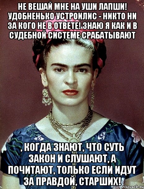 Не вешай мне на уши лапши! Удобненько устроилис - никто ни за кого не в ответе! Знаю я как и в судебной системе срабатывают , когда знают, что суть закон и слушают, а почитают, только если идут за правдой, старших!, Мем Magdalena Carmen Frieda Kahlo Ca