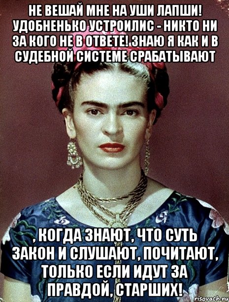 Не вешай мне на уши лапши! Удобненько устроилис - никто ни за кого не в ответе! Знаю я как и в судебной системе срабатывают , когда знают, что суть закон и слушают, почитают, только если идут за правдой, старших!, Мем Magdalena Carmen Frieda Kahlo Ca