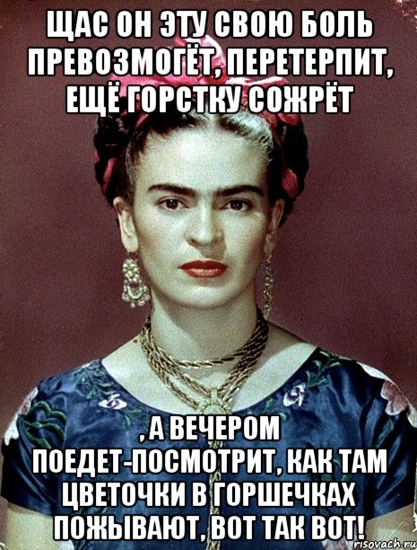 Щас он эту свою боль превозмогёт, перетерпит, ещё горстку сожрёт , а вечером поедет-посмотрит, как там цветочки в горшечках пожывают, вот так вот!, Мем Magdalena Carmen Frieda Kahlo Ca