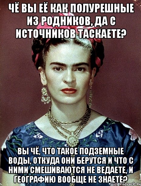 Чё вы её как полурешные из родников, да с источников таскаете? Вы чё, что такое подземные воды, откуда они берутся и что с ними смешиваются не ведаете, и географию вообще не знаете?, Мем Magdalena Carmen Frieda Kahlo Ca