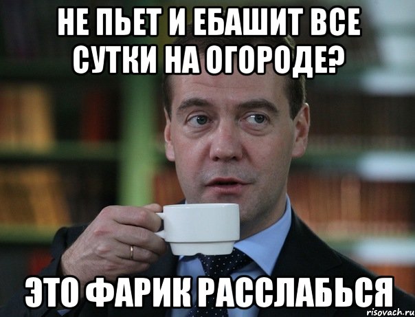 Не пьет и ебашит все сутки на огороде? Это Фарик расслабься, Мем Медведев спок бро