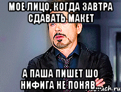 мое лицо, когда завтра сдавать макет а паша пишет шо нифига не поняв...