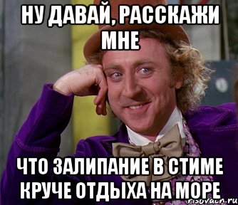 Ну давай, расскажи мне Что залипание в стиме круче отдыха на море, Мем мое лицо