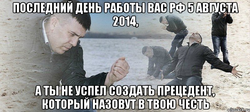 последний день работы ВАС РФ 5 августа 2014, а ты не успел создать прецедент, который назовут в твою честь, Мем Мужик сыпет песок на пляже