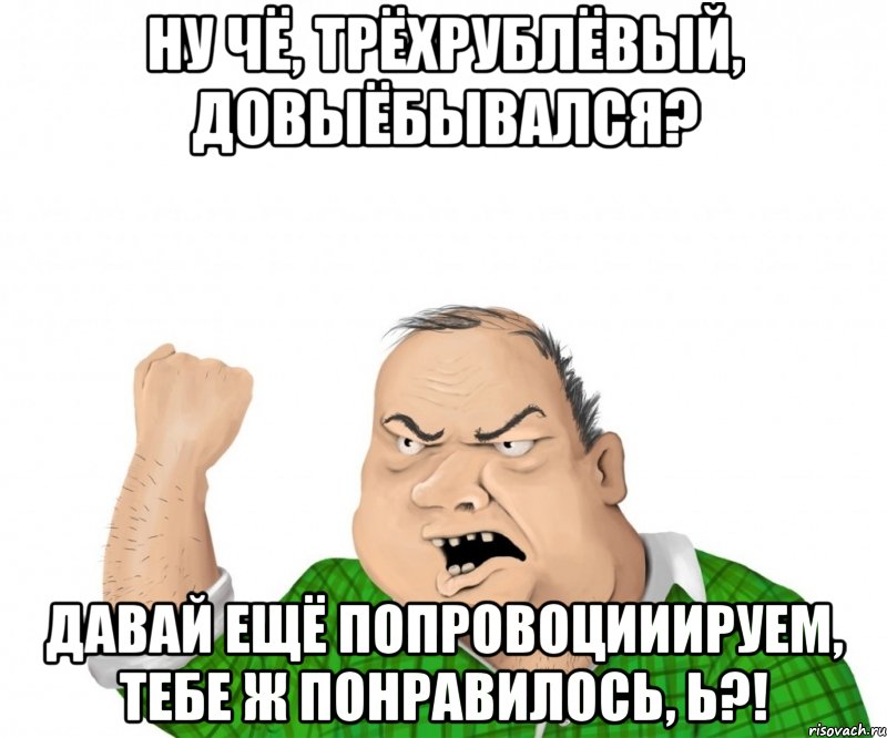 Ну чё, трёхрублёвый, довыёбывался? Давай ещё попровоцииируем, тебе ж понравилось, Ь?!, Мем мужик